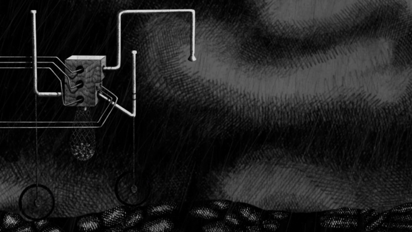 screen shot from Foodstuffs of pencil drawn mining automaton cycling through the landscape